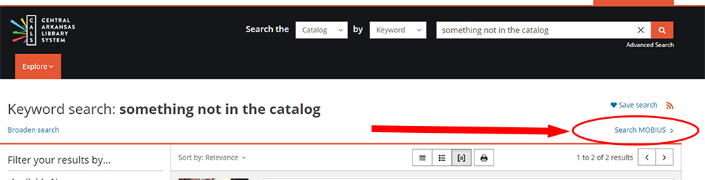an illustration of how to search mobius in the CALS Catalog